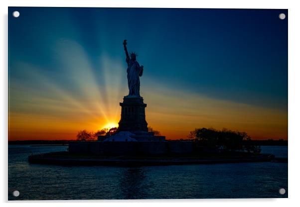Sunset At The Statue Of Liberty Acrylic by Chris Lord