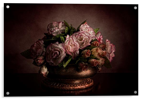  Roses in brass bowl Acrylic by Eddie John