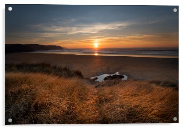 Sunset at Perranporth beach Cornwall Acrylic by Eddie John