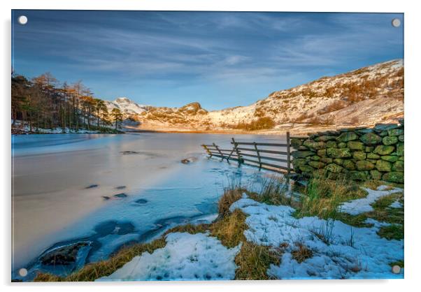 frozen lake in the lake district cumbria Acrylic by Eddie John