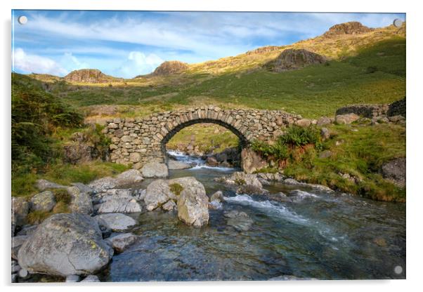 lingcove bridge , pack horse bridge, lingcove beck river esk, eskdale, cumbria, lake district, mountains, mountain stream, rocky out crops, valley, no people, greenery, rural, countryside, uk, great britain, england, walking, outdoor , ancient , Acrylic by Eddie John