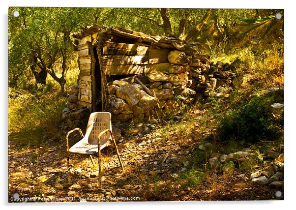 Olive Grove Shelter & Rusty Chair Acrylic by Peter Blunn