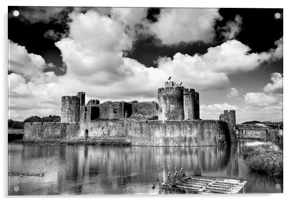 Caerphilly Castle 5 Monochrome Acrylic by Steve Purnell
