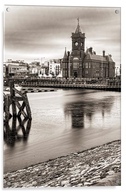 Pierhead Building Cardiff Bay Monochrome Acrylic by Steve Purnell