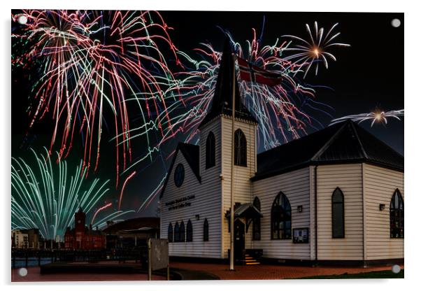 Fireworks Over The Norwegian Church Acrylic by Steve Purnell