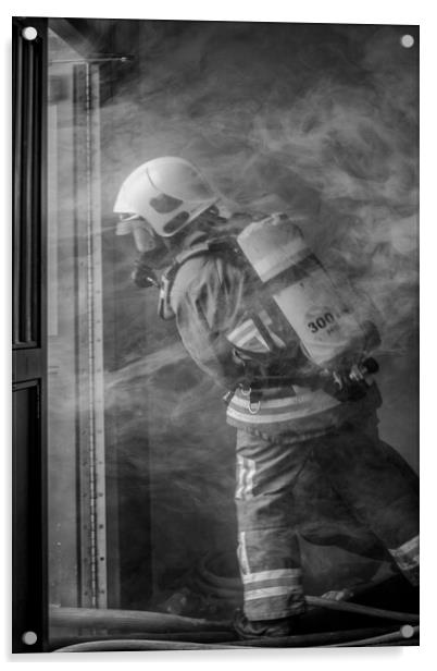 Firefighter Working in Smoke Acrylic by Roger Green