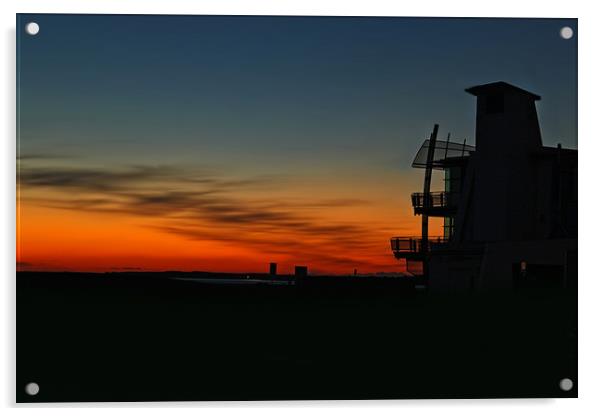 Llanelli Discovery Centre at Sunset. Acrylic by Becky Dix