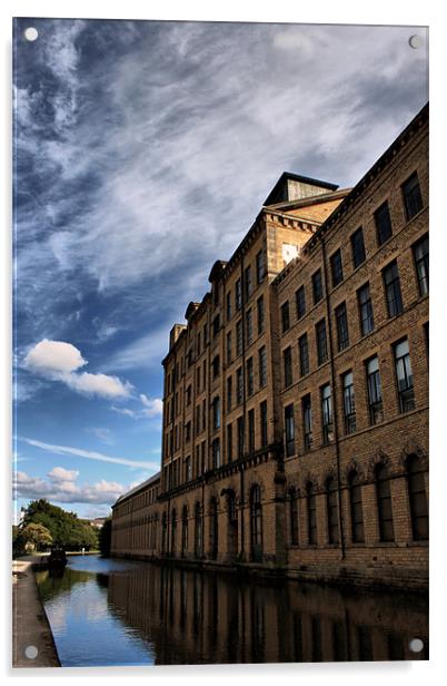 salts mill towering over leeds liverpool canal Acrylic by simon sugden