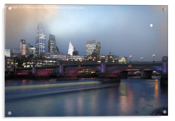Misty Dawn over the Thames at Southwark Bridge. Acrylic by K7 Photography