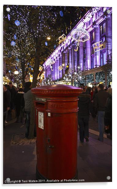 Festive Oxford Street Post Box Acrylic by Terri Waters