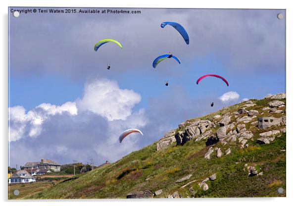 Paragliding Over Sennen Cove  Acrylic by Terri Waters