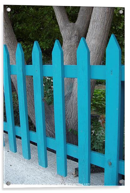 Blue fence against grey bark. Acrylic by DEE- Diana Cosford