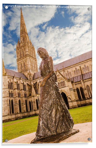 Salisbury Cathedral And The Walking Madonna  Acrylic by Linsey Williams
