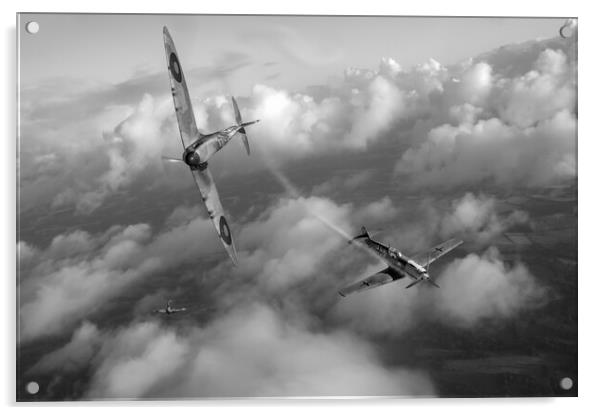 Spitfire shoots down Messerschmitt Bf 109, B&W version Acrylic by Gary Eason
