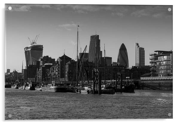 City of London river barges Wapping black and whit Acrylic by Gary Eason