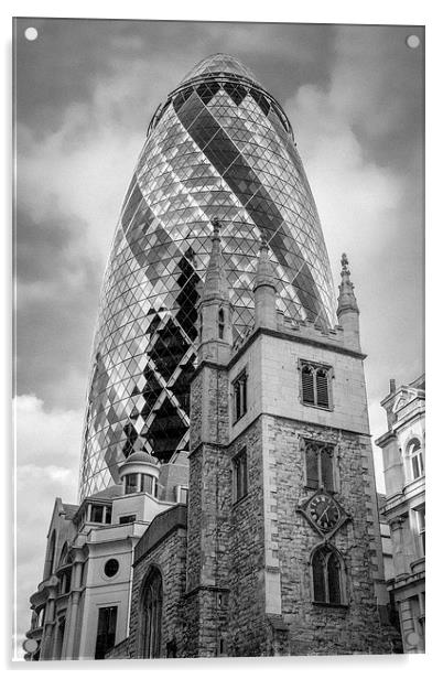Gherkin and St Andrew Undershaft black and white v Acrylic by Gary Eason