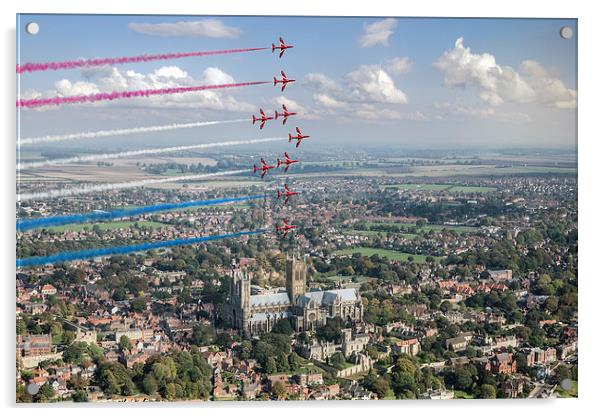 Red Arrows over Lincoln smoke on Acrylic by Gary Eason