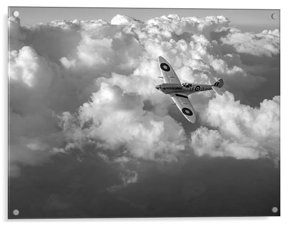 Soaring silver Spitfire cloudscape black and white Acrylic by Gary Eason