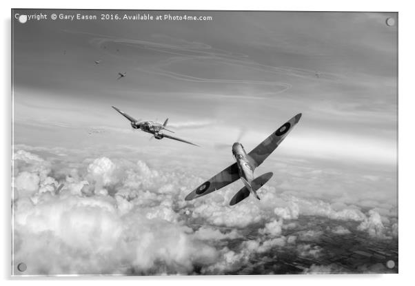 Spitfire attacking Heinkel bomber black and white  Acrylic by Gary Eason