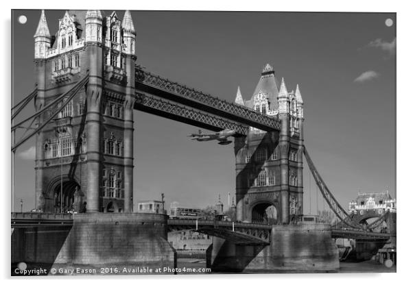 The Tower Bridge Hawker Hunter incident B&W versio Acrylic by Gary Eason