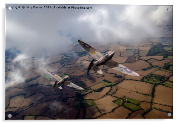 Spitfires among low clouds Acrylic by Gary Eason