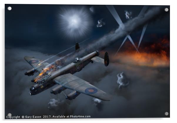 Lancaster KB799 under fire Acrylic by Gary Eason