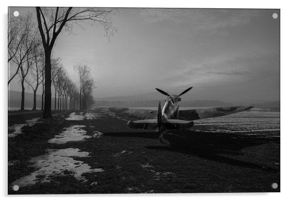 Spitfire in winter, black and white version Acrylic by Gary Eason