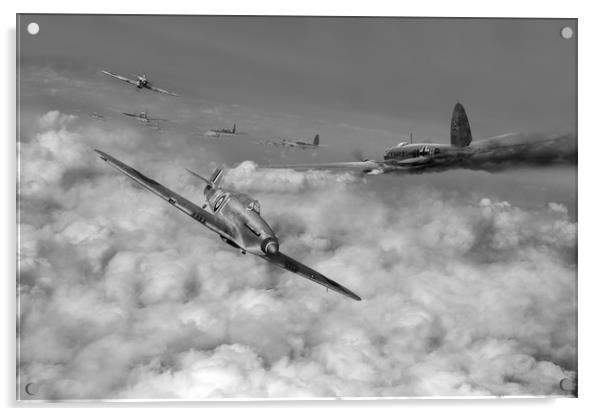 Hurricanes attacking Heinkel head-on B&W version Acrylic by Gary Eason