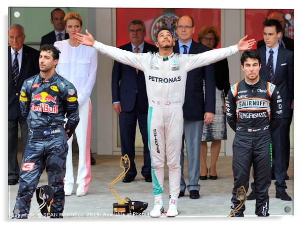 Lewis Hamilton Podium - Monaco 2016                Acrylic by SEAN RAMSELL