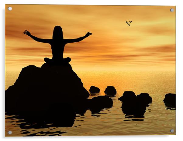At one, woman meditates on an ocean rock Acrylic by Laura Dawnsky