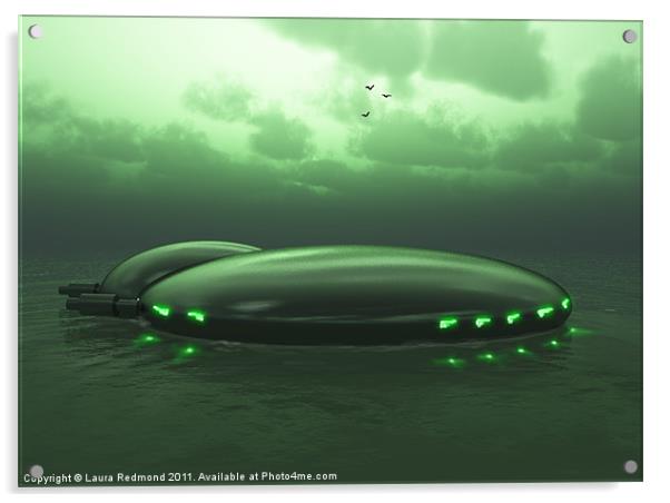 Green space ship settles on the ocean Acrylic by Laura Dawnsky