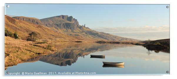 The Storr reflecting in Loch Fada - Panorama Acrylic by Maria Gaellman