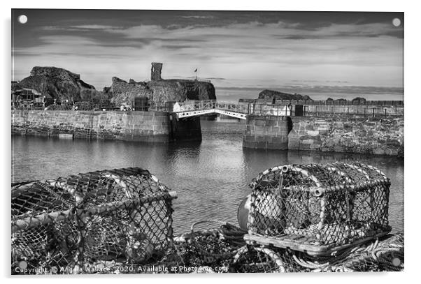 Black and white Lobster posts at Dunbar Castle Acrylic by Angela Wallace