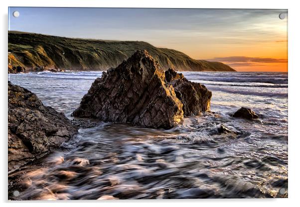 Putsborough Rock Sunset Acrylic by Dave Wilkinson North Devon Ph
