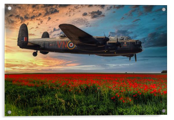 Lancaster Bomber Returning at Sunset Acrylic by Derek Beattie