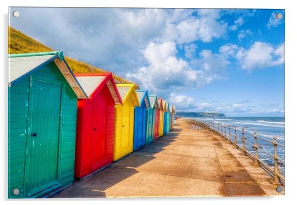Vibrant Beach Huts Adorning Whitby Beachfront Acrylic by Derek Beattie