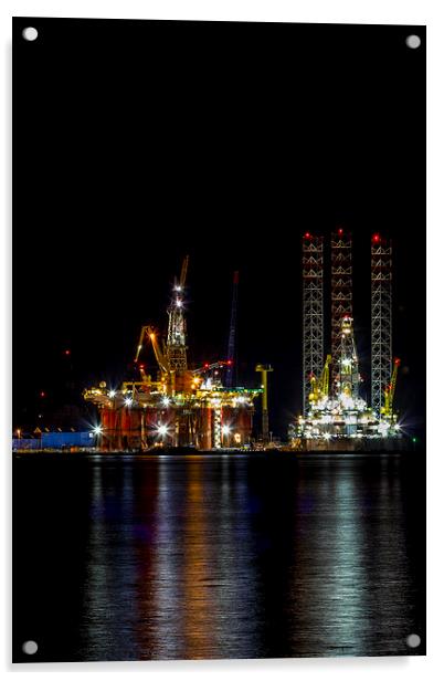 Oil Rig At Night Scotland Acrylic by Derek Beattie