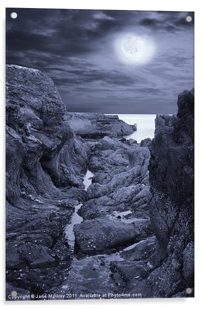 Moonlight over Rugged Seaside Rocks Acrylic by Jane McIlroy