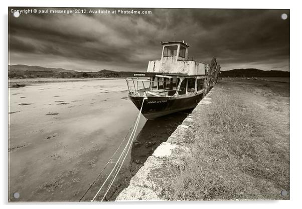 Loch Etive Old Boat B&W Acrylic by Paul Messenger