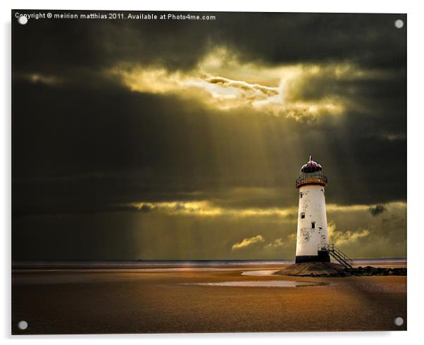 talacre lighthouse with sunbeams Acrylic by meirion matthias