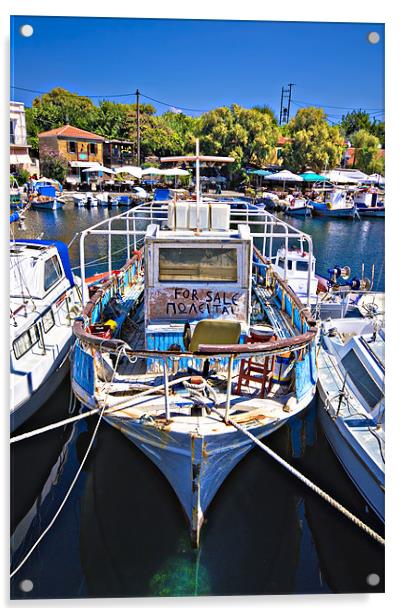 greek fishing boat for sale Acrylic by meirion matthias