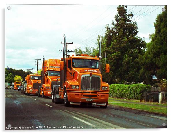 Orange trucks in a row Acrylic by Mandy Rice