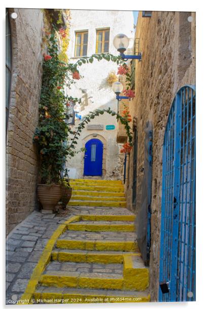 A colourful narrow street and steps in Jaffa Israel Acrylic by Michael Harper