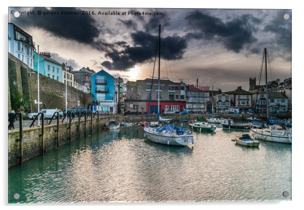 Brixham Harbour with Darkening Sky Acrylic by Gordon Dimmer