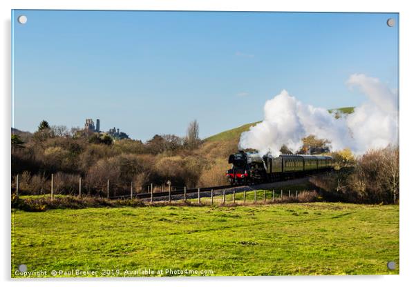 Flying Scotsman With the Iconic Corfe Castle in th Acrylic by Paul Brewer