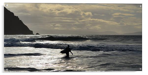 Surfer Coumeenole beach Acrylic by barbara walsh