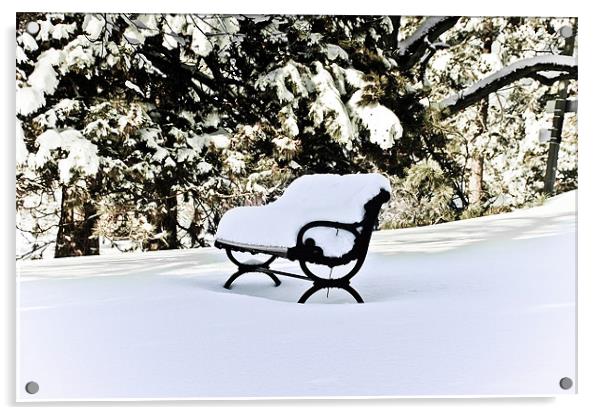 Snow Covered Bench ...misc Acrylic by Elaine Manley