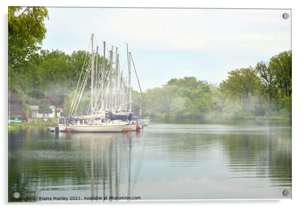 Sailboats on a Misty Canal Acrylic by Elaine Manley