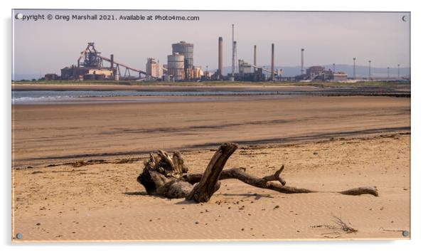 Redcar Steel works and a dead tree - a beach scene Acrylic by Greg Marshall