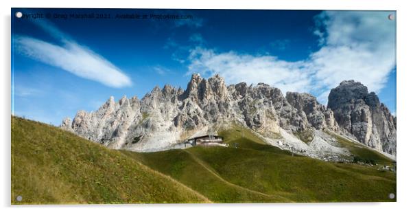 Mountain peaks Via Ferrata near Paso Gardena, Dolomites Italy Acrylic by Greg Marshall